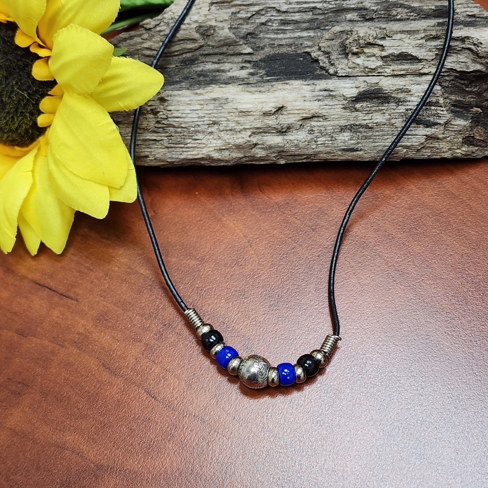 Black and Blue Beaded Baseball Necklace